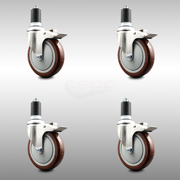 Service Caster 5 Inch 316SS Maroon Poly Swivel 1-5/8 Inch Expanding Stem Caster Set Lock Brake SCC-SS316TTLEX20S514-PPUB-MRN-158-4 - main